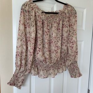 Floral Smocked Off-Shoulder Blouse in Cream and Pink